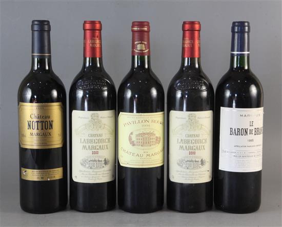 Two bottles of Chateau Labegorce, Margaux, 2000, one bottle of Baron de Brane, Margaux 1995, one bottle of